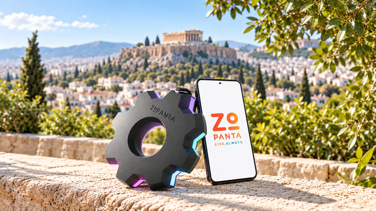 The Zopanta device and a phone showing the Zopanta app, standing on a stone wall above Athens.