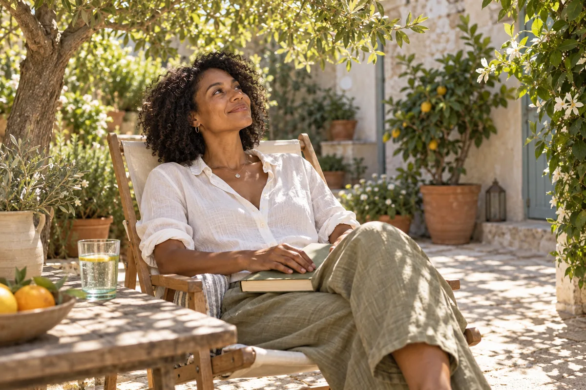 A woman resting in a deck chair in a shaded garden with a book on her lap.