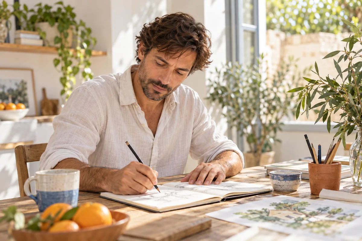 A man drawing in a sketchbook at a sunlit table by a window.