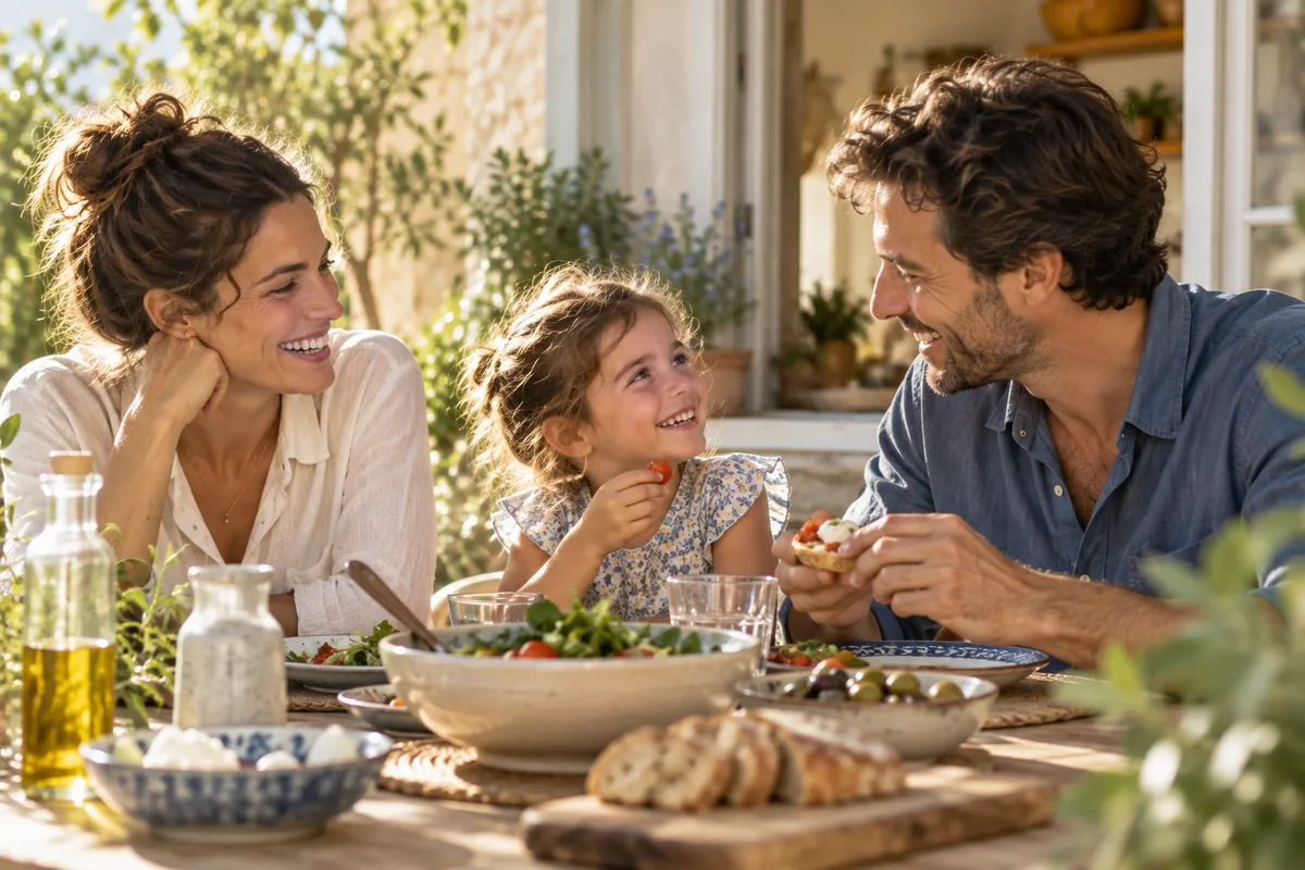 A mother, father and small daughter laughing over lunch at an outdoor table.